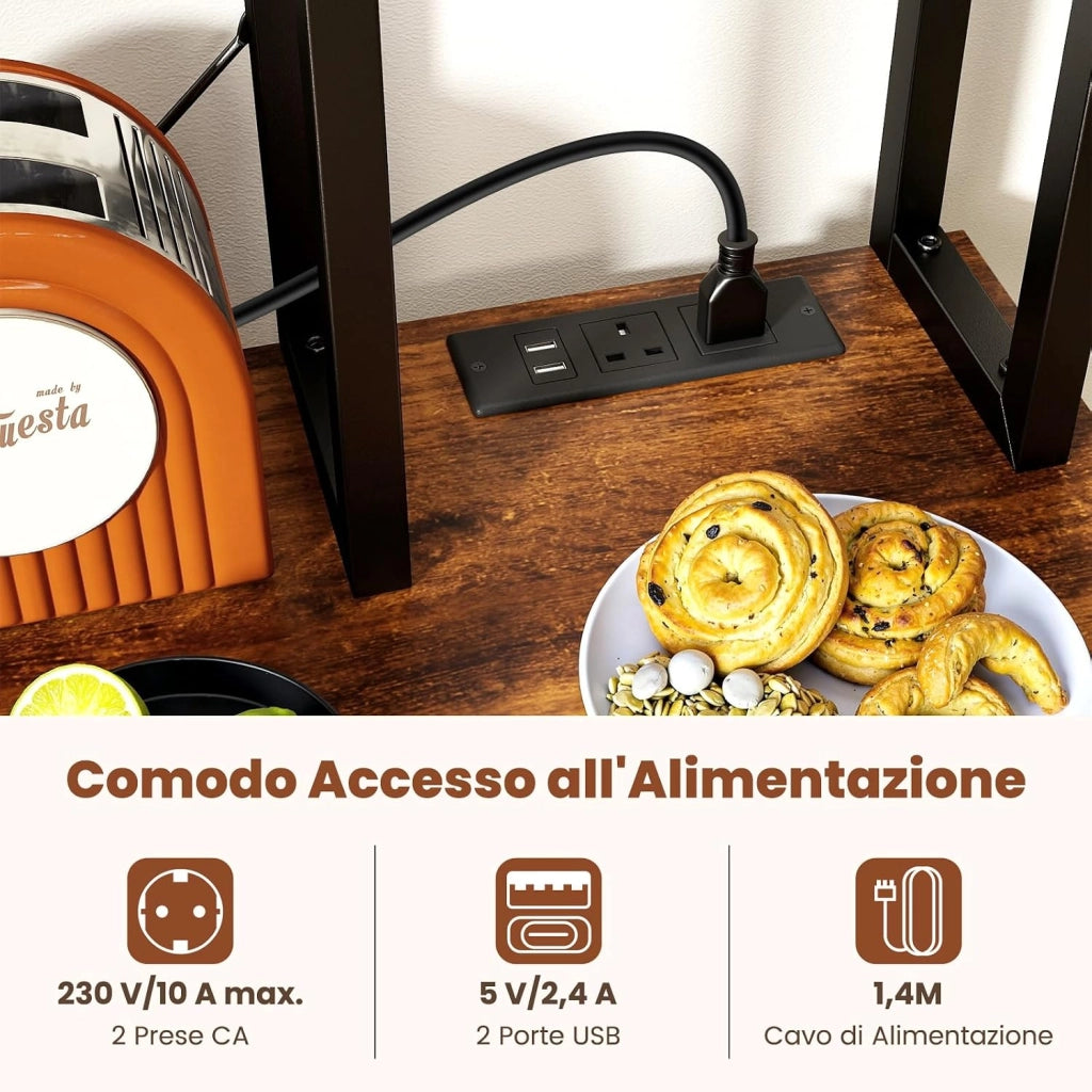 Scaffale da Cucina Salvaspazio, Scaffale a 6 Ripiani per Microonde con Stazione di Ricarica, Ganci a S e Cestino a Rete, Mobile da Cucina per Elettrodomestici, Pentole e Spezie