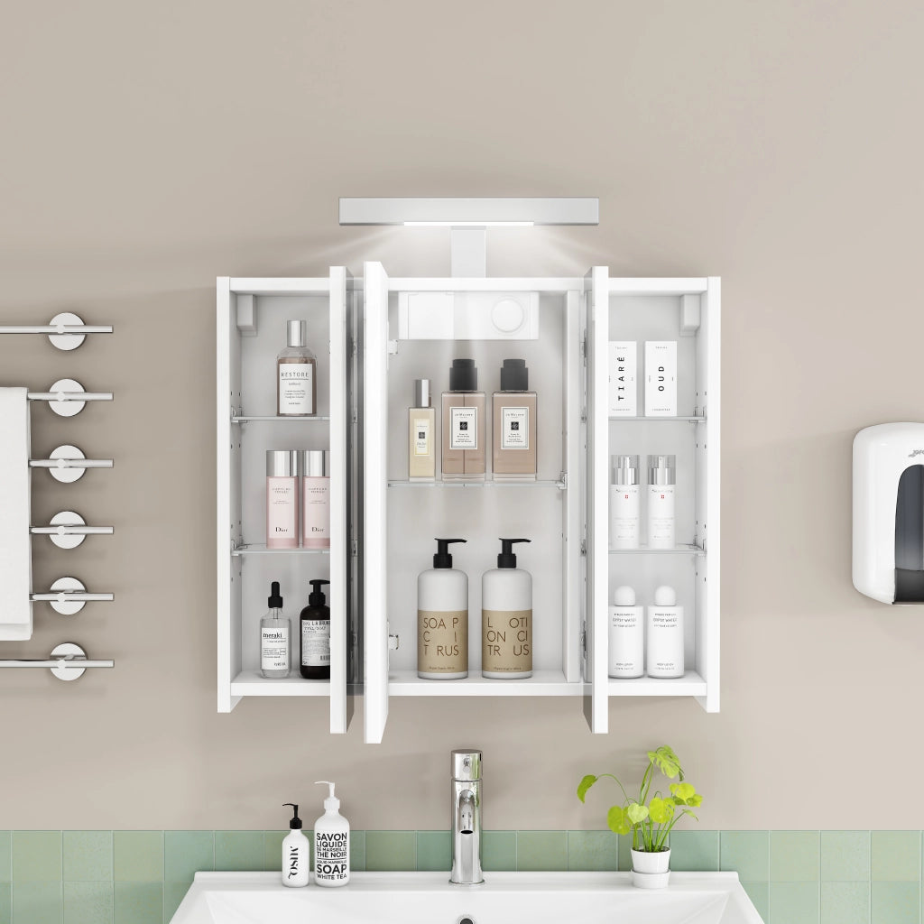 Mobile con specchio con 3 ante; LED e presa integrata; ripiani regolabili per bagno; in MDF e vetro; bianco; 60 cm