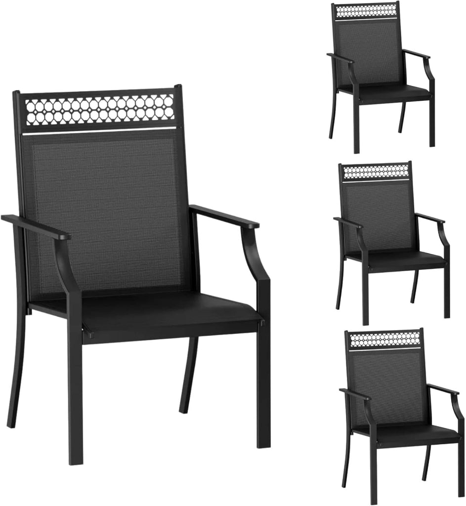 Set di 4pcs sedie da giardino con seduta allargata, in tessuto Teslin, traspiranti, ad asciugatura rapida, per esterni, portata fino a 120 kg, per giardino, terrazza, balcone, piscina (nero)