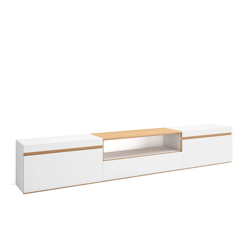 Mobile TV Soggiorno, 260x45x35cm, TV di grande formato, Mobile Soggiorno, Bianco e Rovere soft