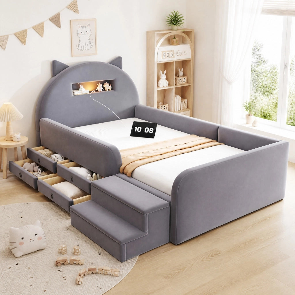 Letto imbottito per bambini 90x200 cm in velluto grigio scuro; testiera con luce notturna e USB