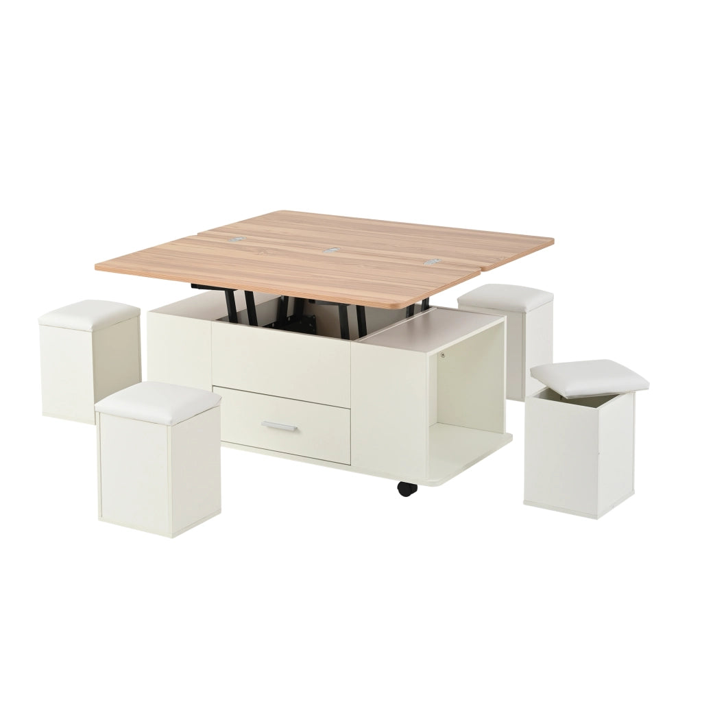 Tavolino da salotto sollevabile e allungabile con 4 sgabelli contenitore, bianco e effetto legno, 100x50 cm