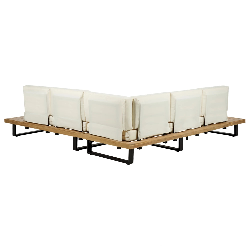 Divano ad Angolo Set da Giardino Bianco Crema e Legno Chiaro Seduta Bassa a 5 Posti con Tavolino