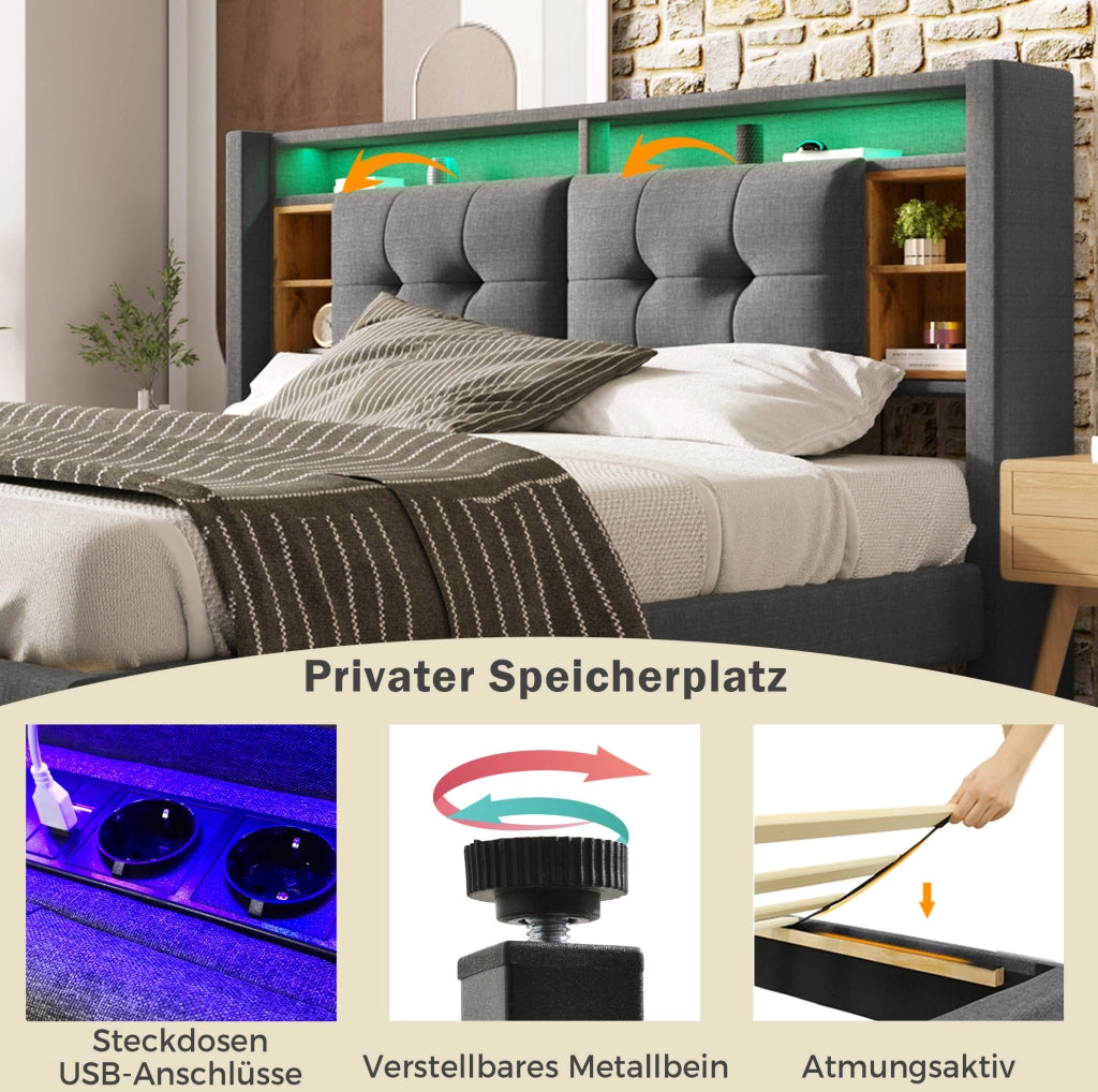 Letto matrimoniale imbottito 160x200 cm con testiera contenitore; USB e LED; grigio