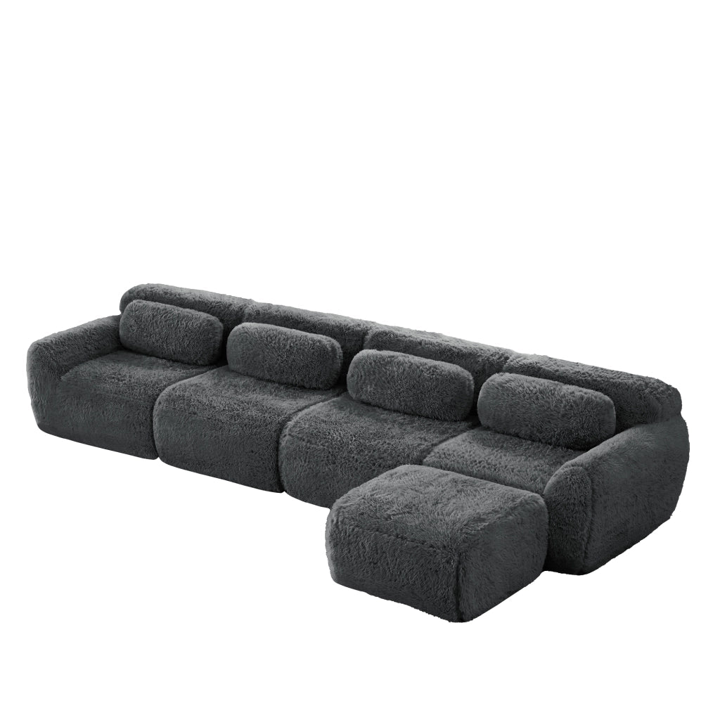 Divano Angolare 4 Posti con Chaise Longue ¨C MINIMAL ¨C Tessuto Grigio, Cuscini Inclusi