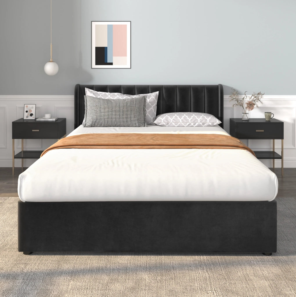 Letto matrimoniale 140x200 cm con 2 cassetti; velluto nero (Senza materasso)