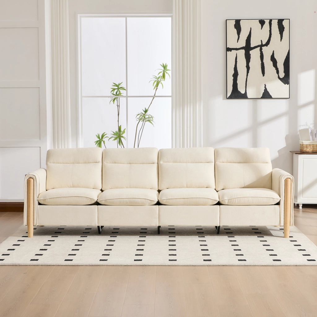 Divano panoramico a U 4 posti con contenitore e tasche laterali in ciniglia beige