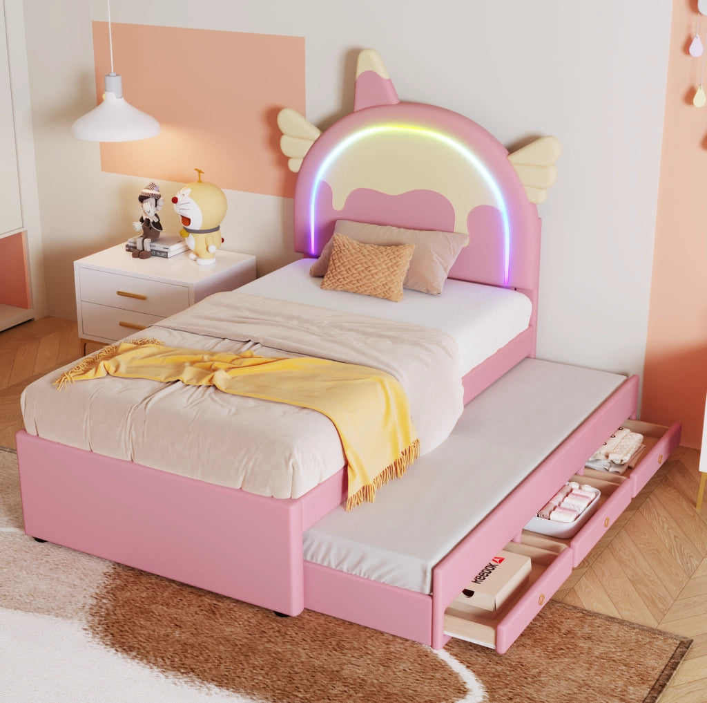 Letto per bambini 90x200 cm; con letto estraibile; PU; rosa