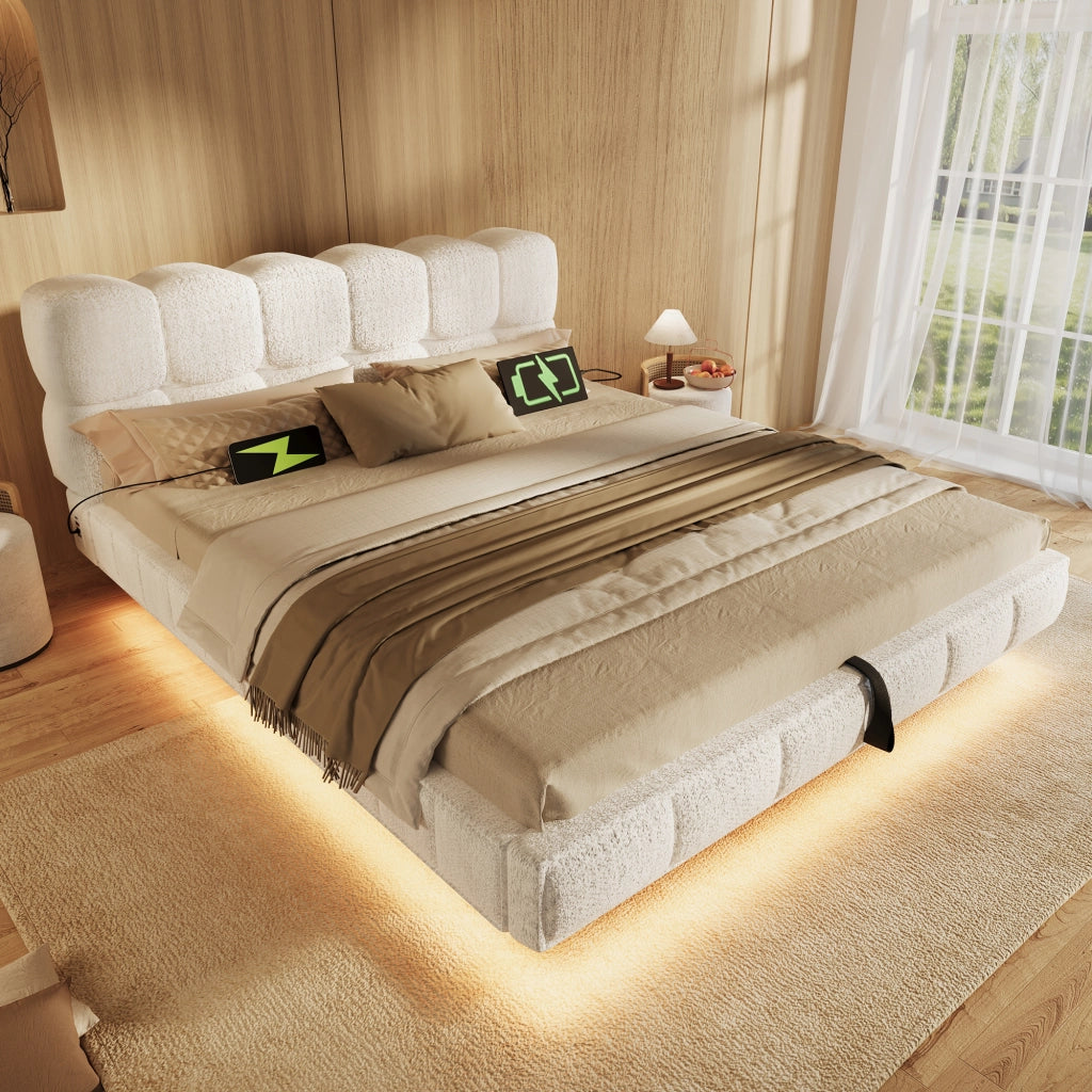 Letto matrimoniale imbottito beige 140x190 cm con sollevamento idraulico; LED e prese USB Type-C