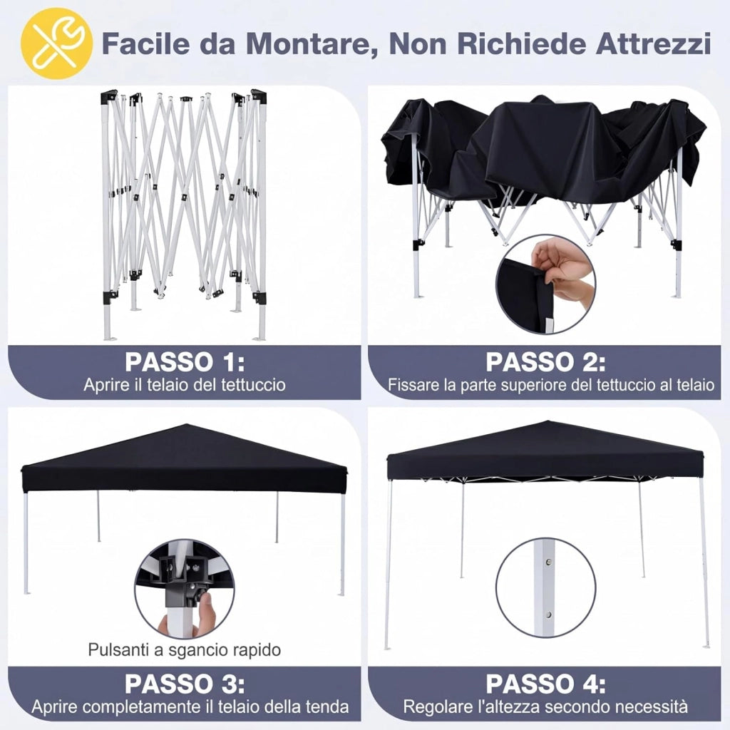 Gazebo da Esterno Pieghevole 290 x 290 cm, Gazebo Pop up con 4 Sacchi di Sabbia e Borsa da Trasporto, Regolabile in Altezza, Telaio Robusto in Metallo, per Mercato, Campeggio (Nero)