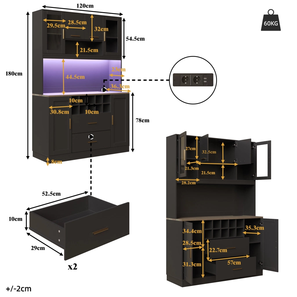 OKWISH Credenza Alta da Cucina con 6 Ante 2 Cassetti LED e Prese USB per Cucina MDF Nero 120 x 36.3 x 180 cm