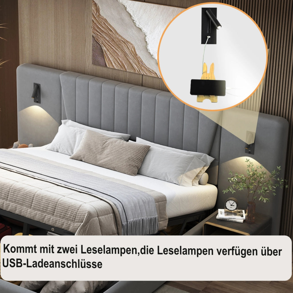 Letto imbottito 180 x 200 cm grigio con luci orientabili e vano contenitore
