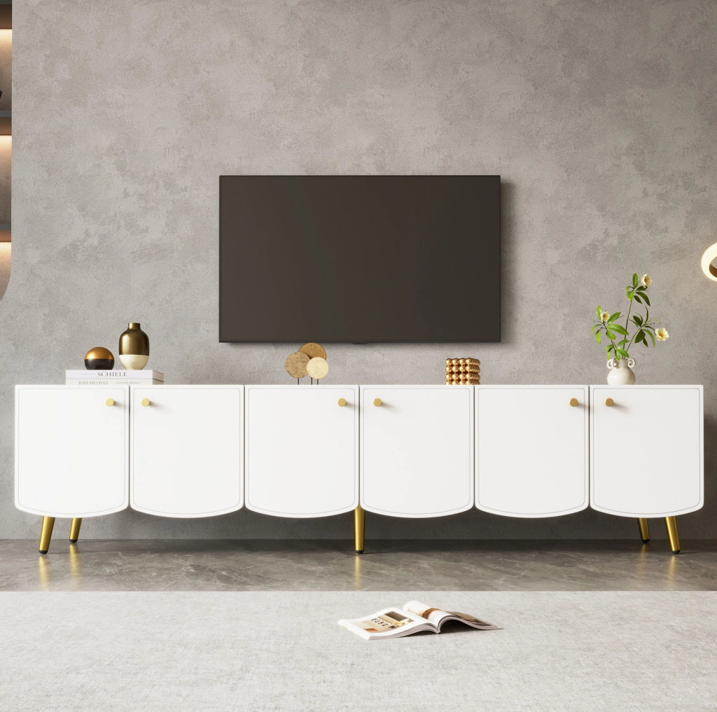Mobile TV bianco e oro 180 cm con 6 ante e piedi in metallo