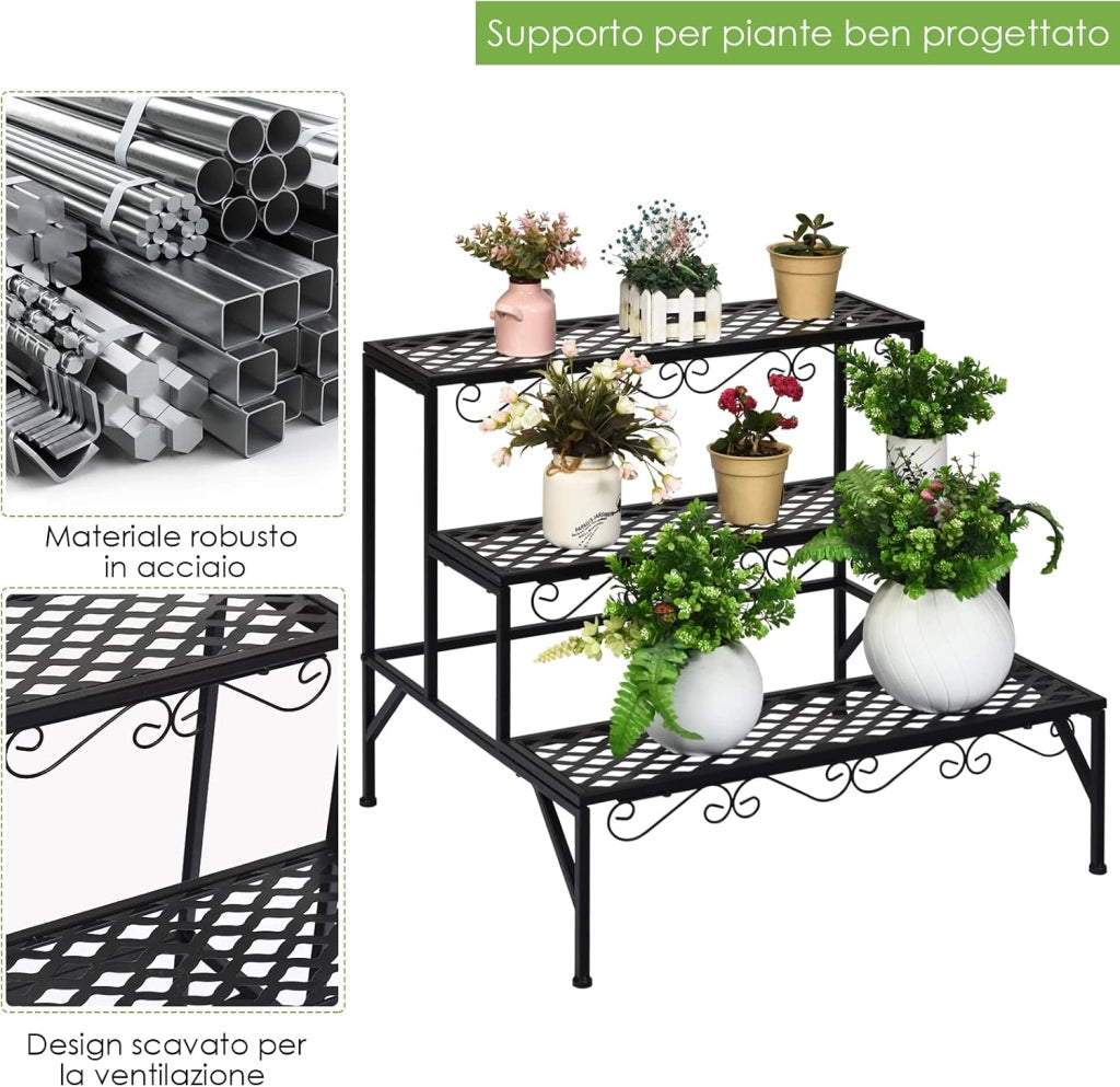 Scaffale Portafiori a 3 Ripiani, Porta Piante da Esterno e Interno a Scala, Scaffale Porta Vasi di Metallo per Balcone, Soggiorno e Giardino