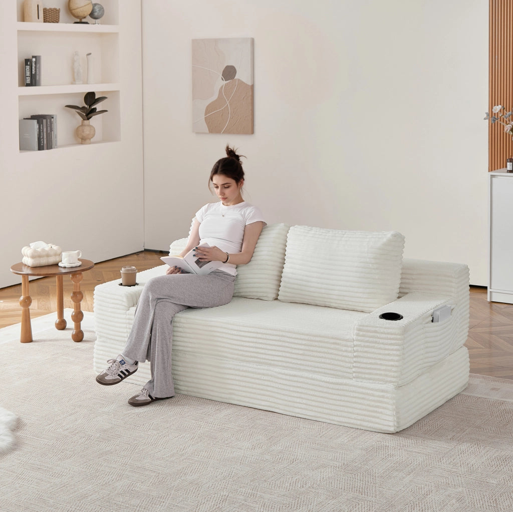 Divano letto 2-in-1 in tessuto di velluto a coste con portabicchieri e tasche laterali