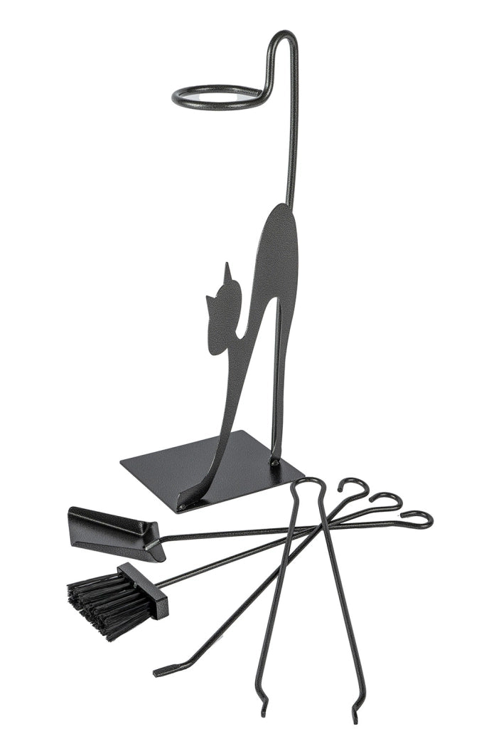 Trespolo per Attrezzi Camino Rettangolare Sagoma Gatto con Paletta Scopino Attizzino e Pinza 28x19x66 cm in Ferro