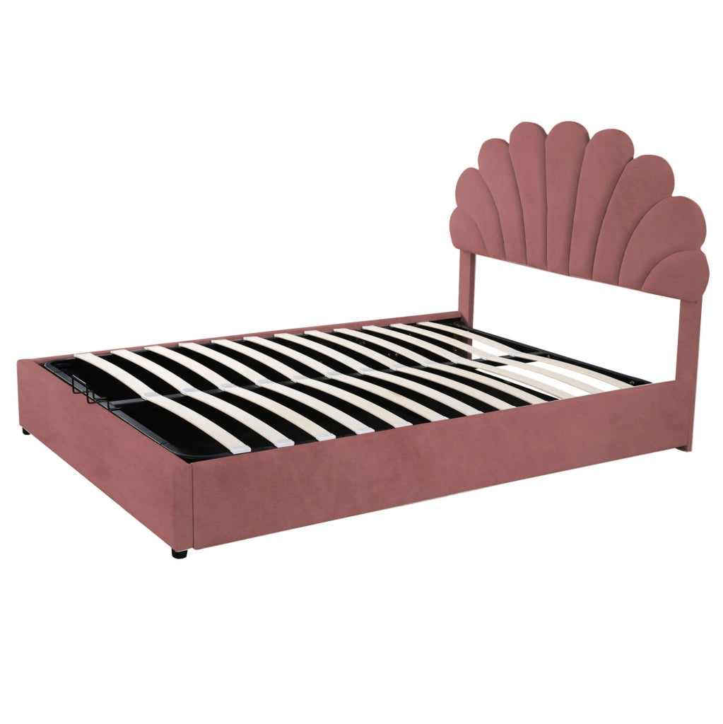 Letto matrimoniale imbottito 140x200 cm in velluto rosa con testiera decorativa e contenitore idraulico