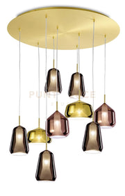 X-RAY SOSPENSIONE  RETTANGOLARE 9 LUCI VETRI 5 BRONZO, 2 RAME, 2 ORO MONTATURA ORO ATTACCO G9