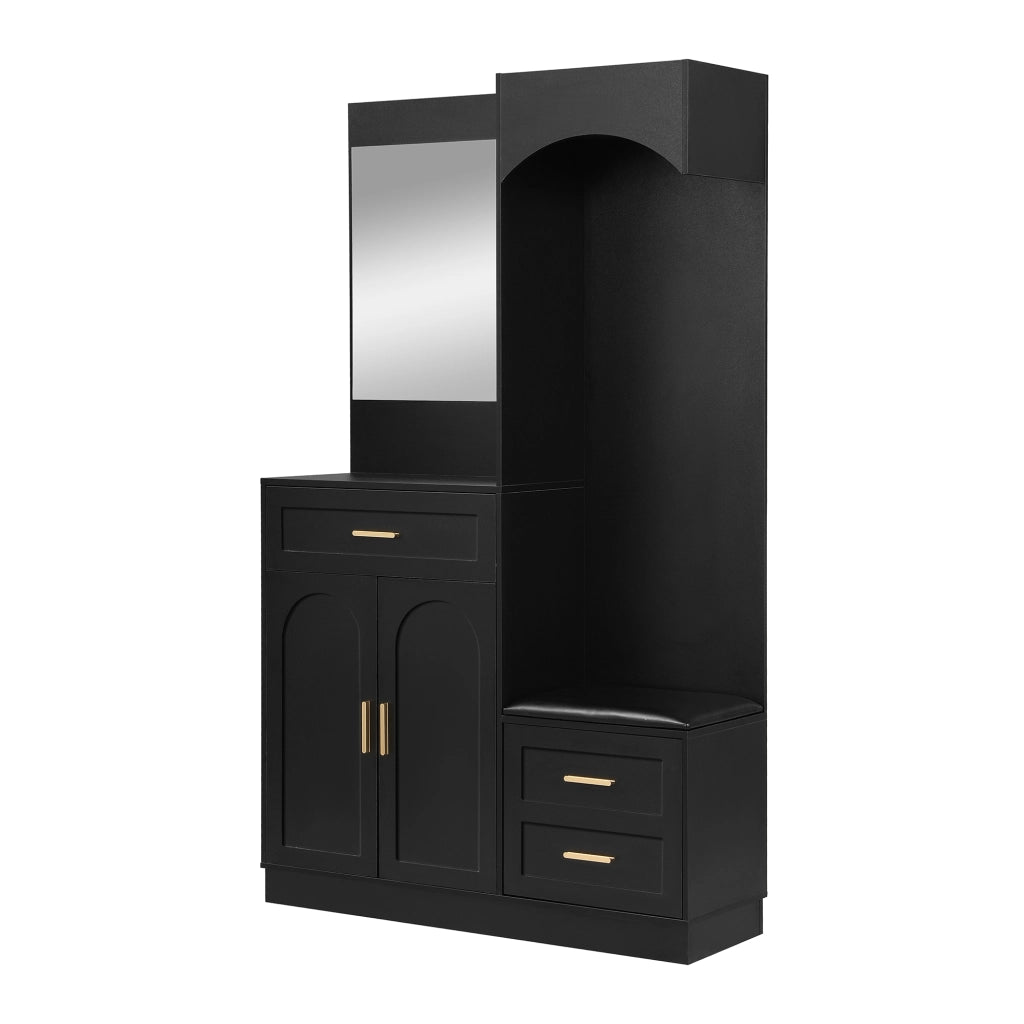 Mobile Ingresso con Specchio; 2 Ante; 2 Cassetti e Panca Scarpiera; Ripiani Regolabili; Moderno; in MDF; Nero; 110??33??185;5 cm