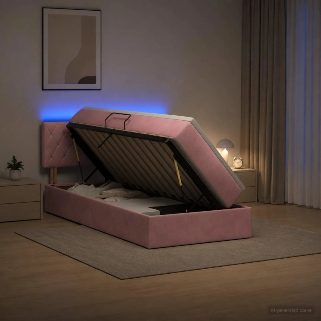 Letto con contenitore LED e materasso Rosa 100 x 200 cm Velluto 3459173