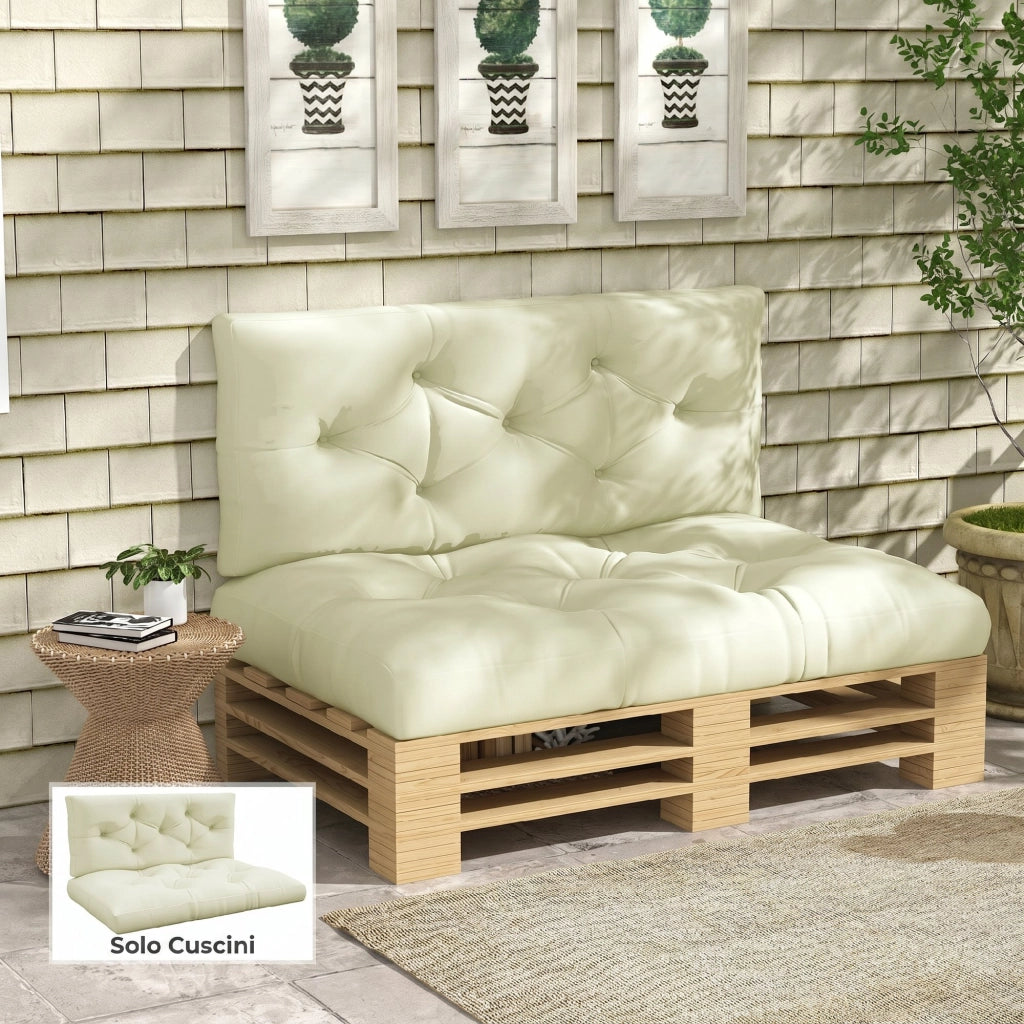 Set 2 Pezzi Cuscini da Giardino per Divani e Pallet in Poliestere con Imbottitura Spessa. Crema