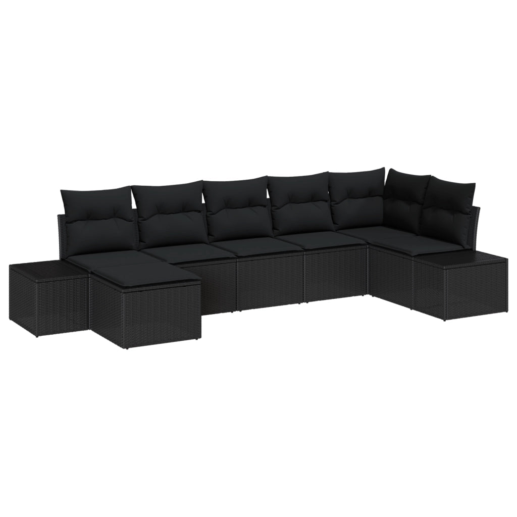 Set di divani da giardino a 7 pezzi con cuscini in polirattan nero