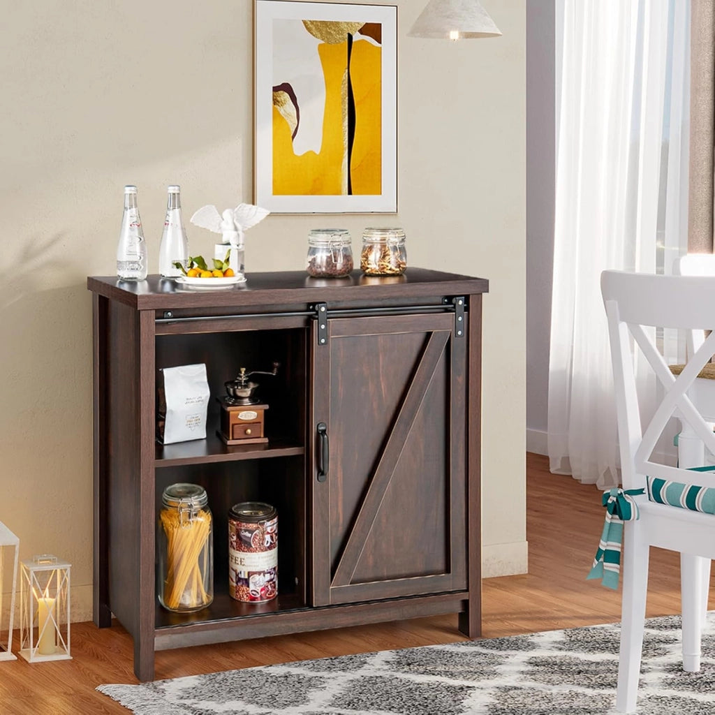 Mobile Laterale Divano con Piano Superiore Ampio e 4 Scomparti, Porta Scorrevole, 4 Piedini Antiscivolo, Credenza Elegante per Cucina, Ingresso, Camera da Letto, Marrone