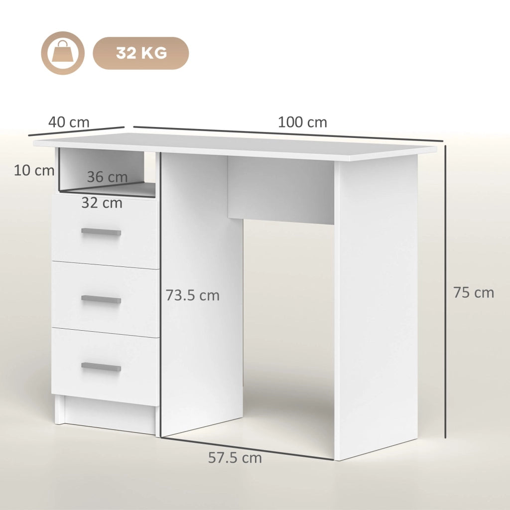Scrivania 100x40x75 cm con 3 Cassetti e Vano a Giorno in Legno Bianco