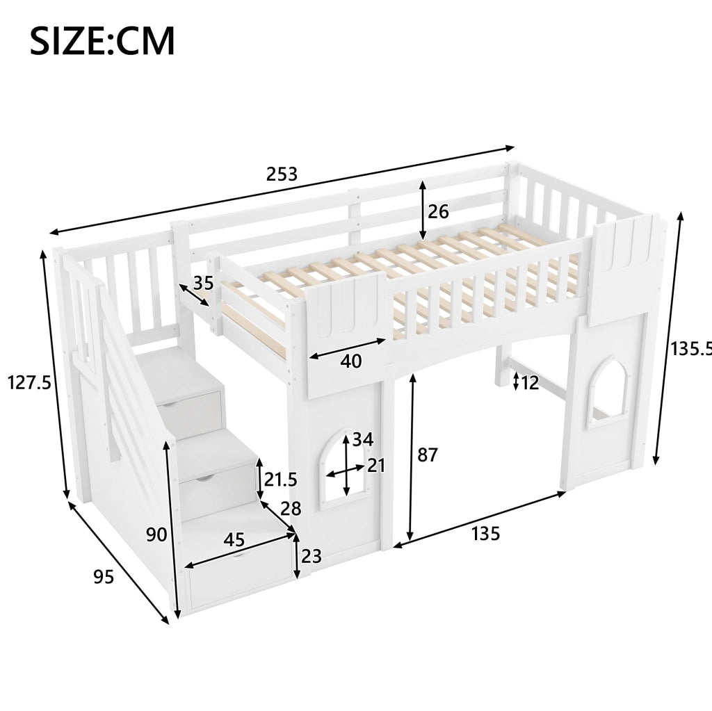 Letto a soppalco 90x200 cm con scala contenitore e finestre in MDF; pino e compensato bianco