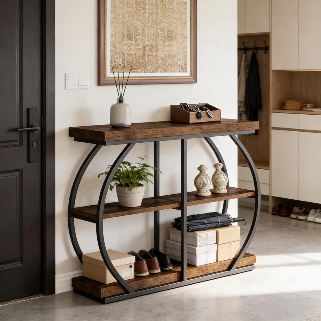 Consolle a 3 ripiani in metallo e legno marrone stile industriale per ingresso e soggiorno 105 × 24 × 80 cm