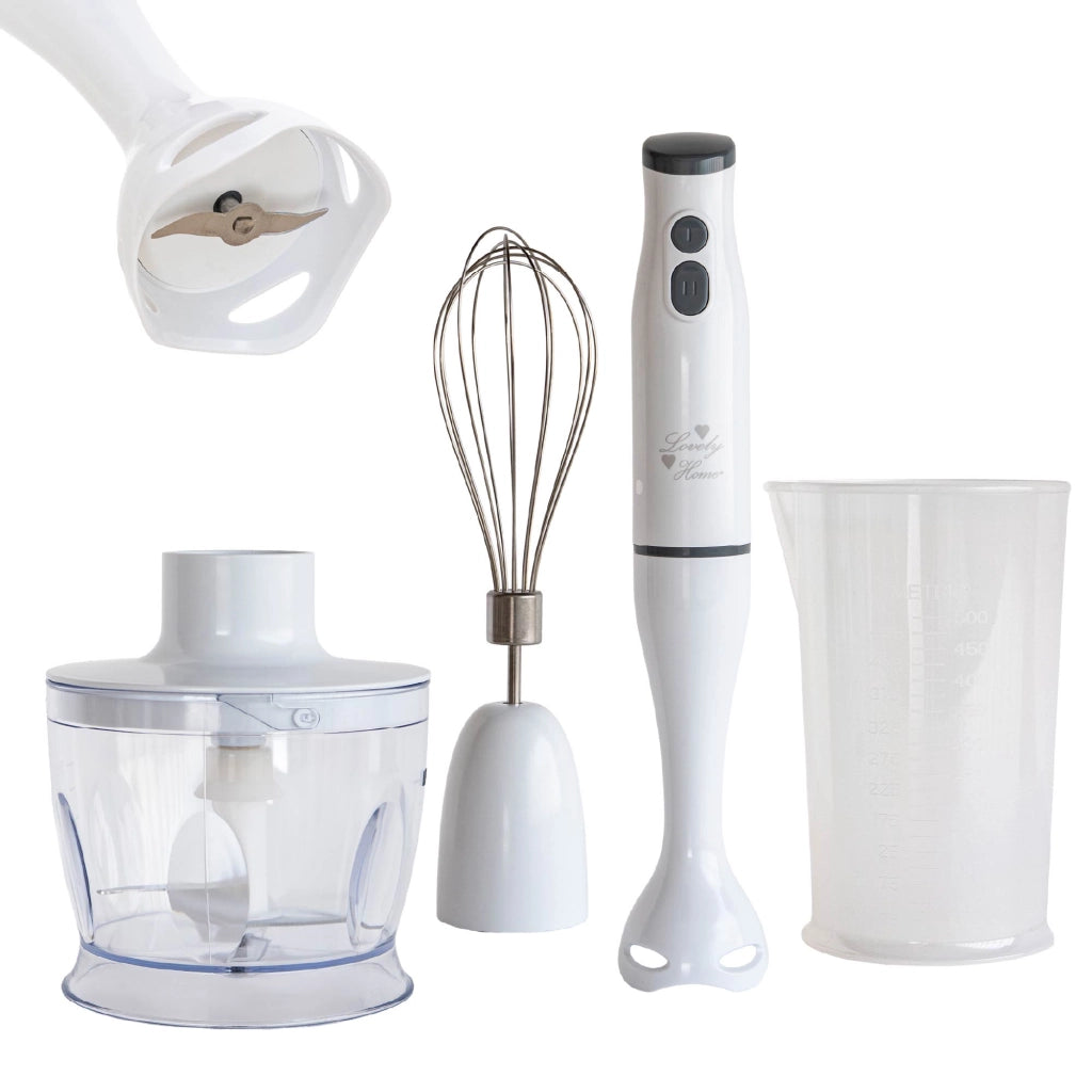 Frullatore a Immersione Multifunzione 4 In 1 Minipimper Acciaio inox Velocità Regolabili Con Frusta,Tritatutto Da 500 ml, Bicchiere Misurino 500 Ml Certificato Contatto Alinentare CE RoHS