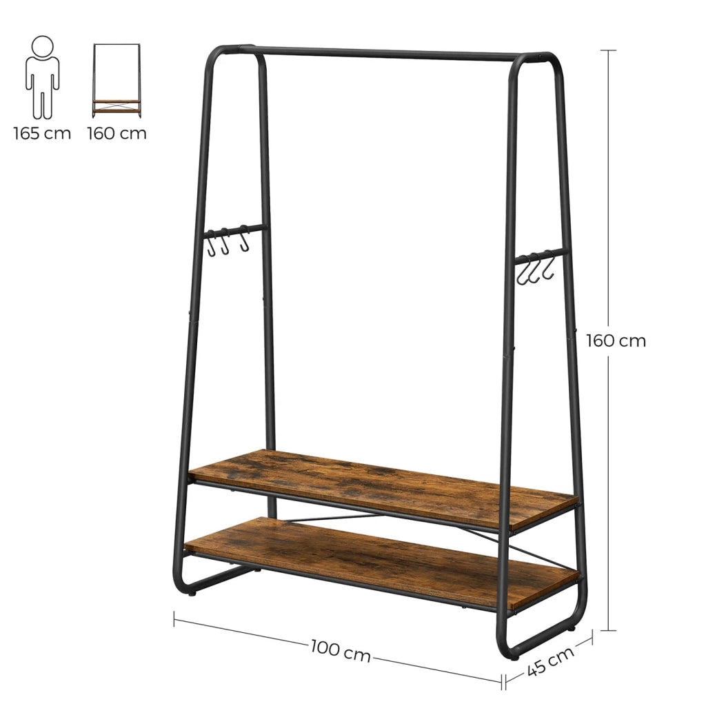 Appendiabiti industriale 100 x 45 x 160 cm robusto appendiabiti con 2 ripiani 6 ganci struttura in acciaio per camera da letto stile industriale nero 12_0006991