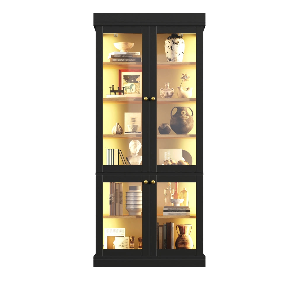 Armadio contenitore con ripiani regolabili; LED e vetro - per soggiorno - 80x40x180 cm - nero