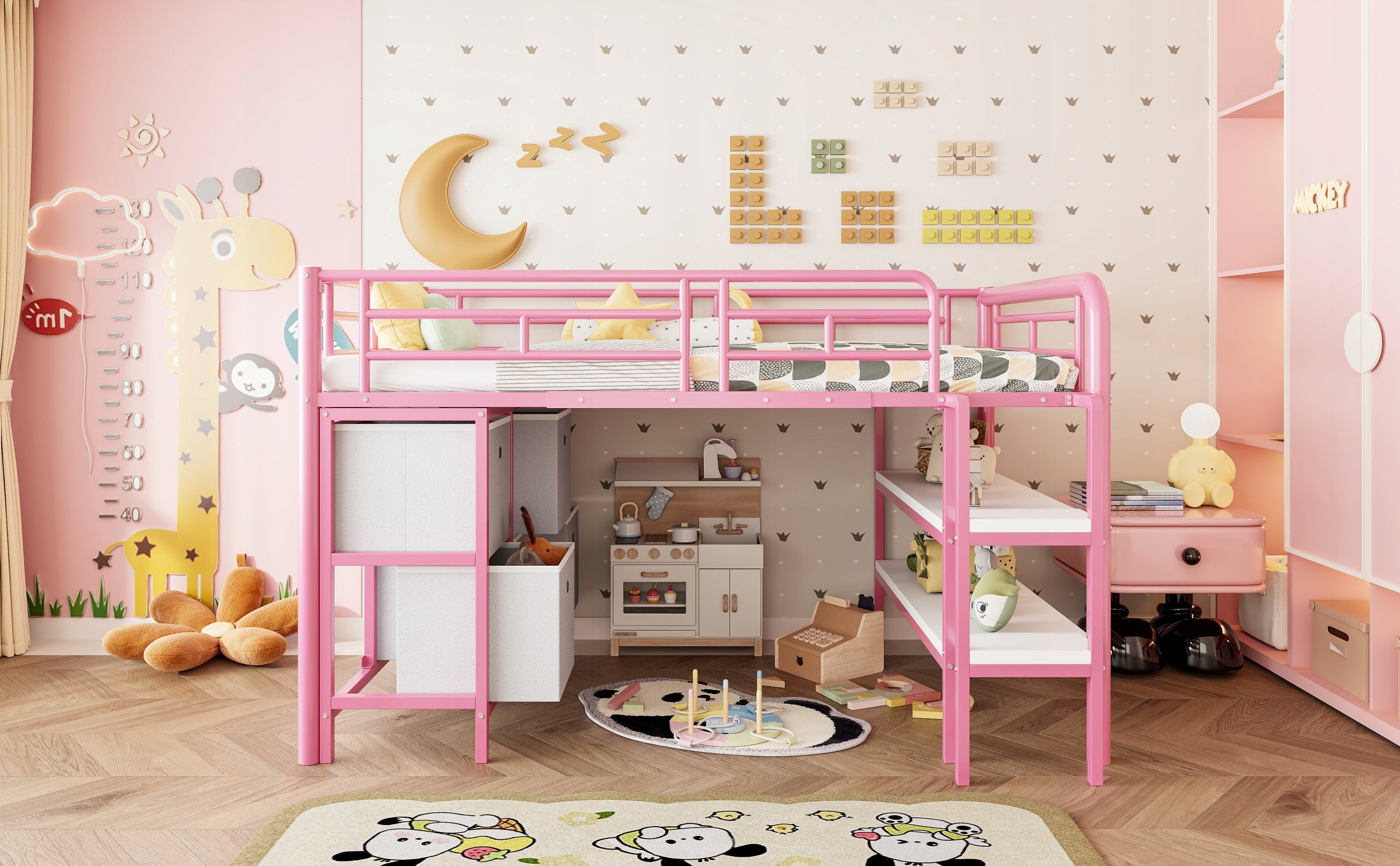 Letto a castello per bambini 90x200 - Xylo - Rosa con spazio di archiviazione
