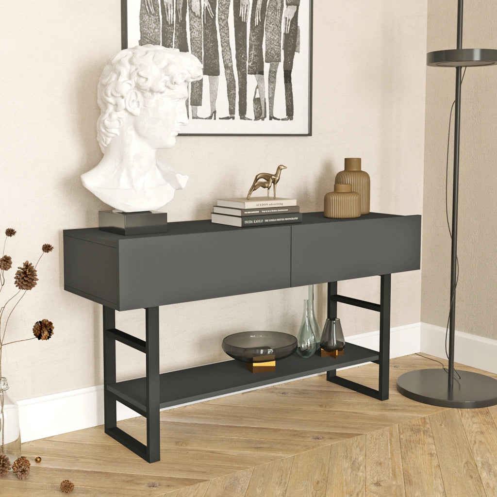 Tavolo Consolle Lappeenranta Mobile Contenitore con Ante a Ribalta 76x139x43 cm Antracite / Nero [en.casa]