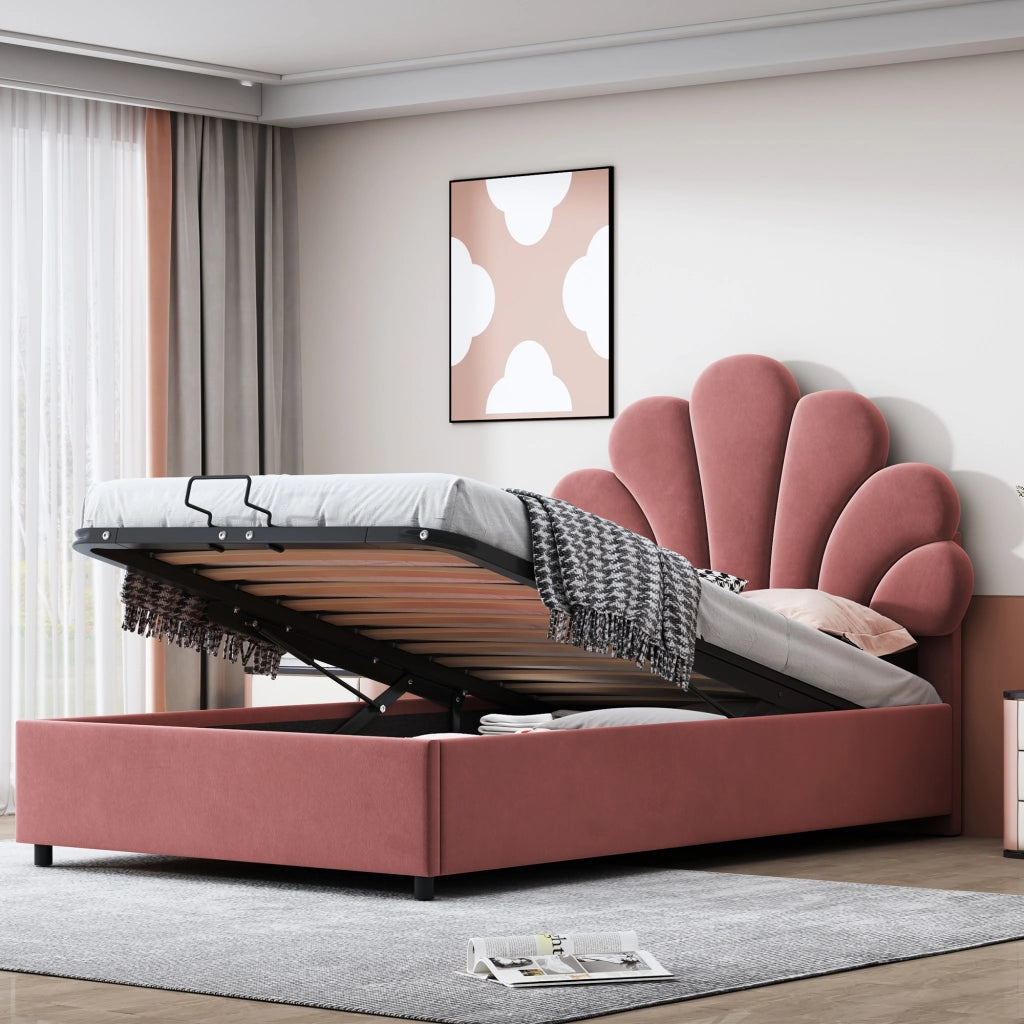 Letti contenitori 90x200 cm; con contenitore e testiera decorativa; velluto rosa (Senza materasso)