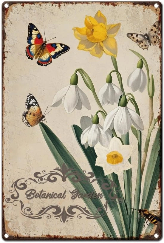 Pannello Decorativo in Teglia di Metallo con Fiori e Farfalle - 20 x 30 cm