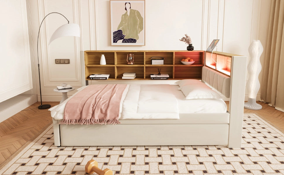 DESMIU Divano letto 90 × 200 cm 2 posti con LED, USB, Type-C e prese, vano contenitore, senza materasso, beige