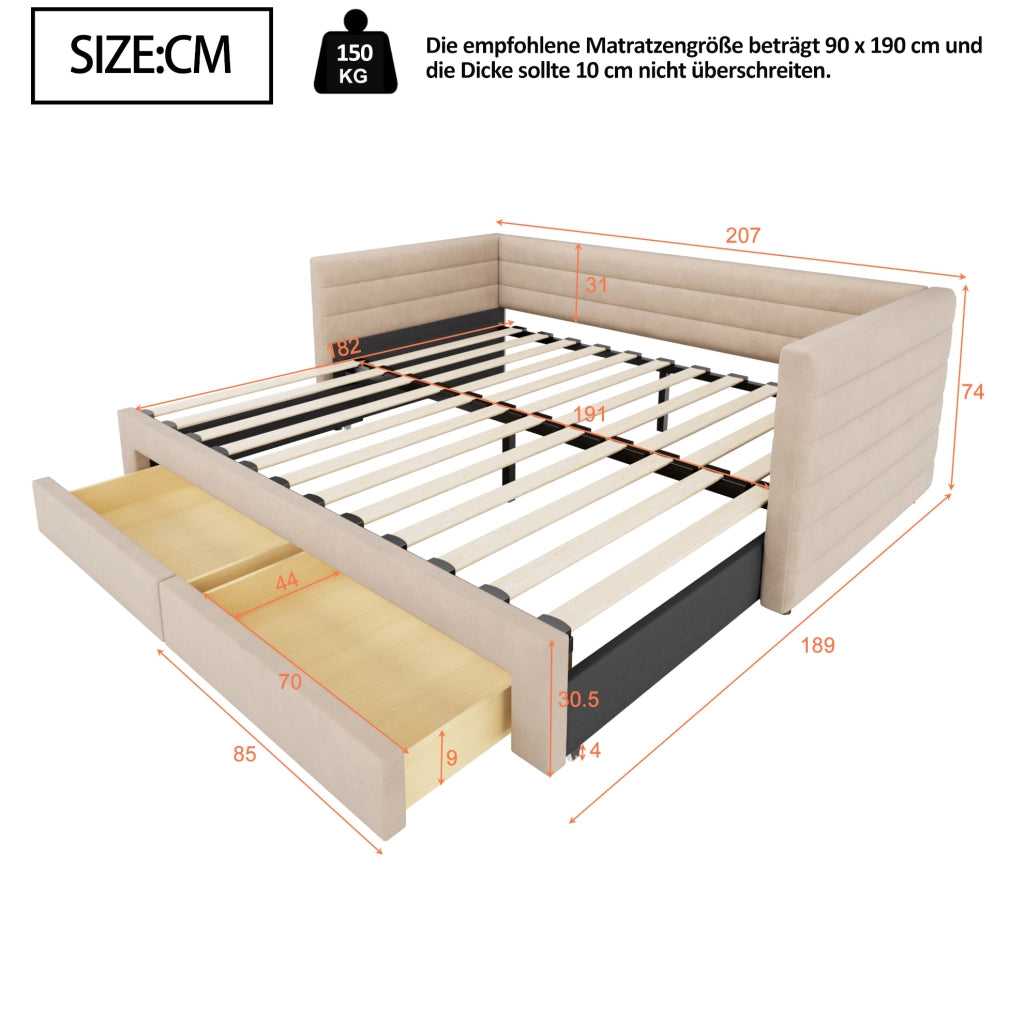 Divano letto imbottito estraibile 3 in 1 90x190 cm beige