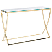 Tavolo consolle con piano in vetro oro lucido e struttura in acciaio inox stile glamour soggiorno
