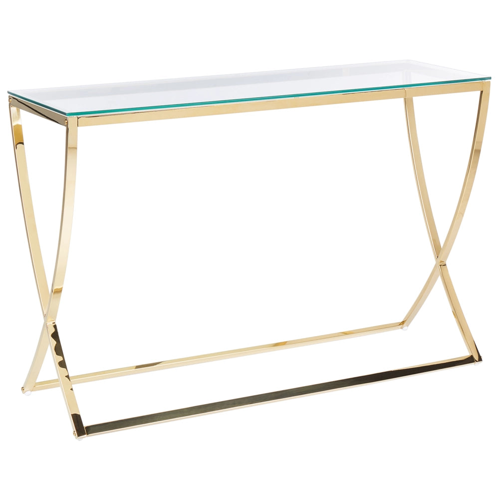 Tavolo consolle con piano in vetro oro lucido e struttura in acciaio inox stile glamour soggiorno