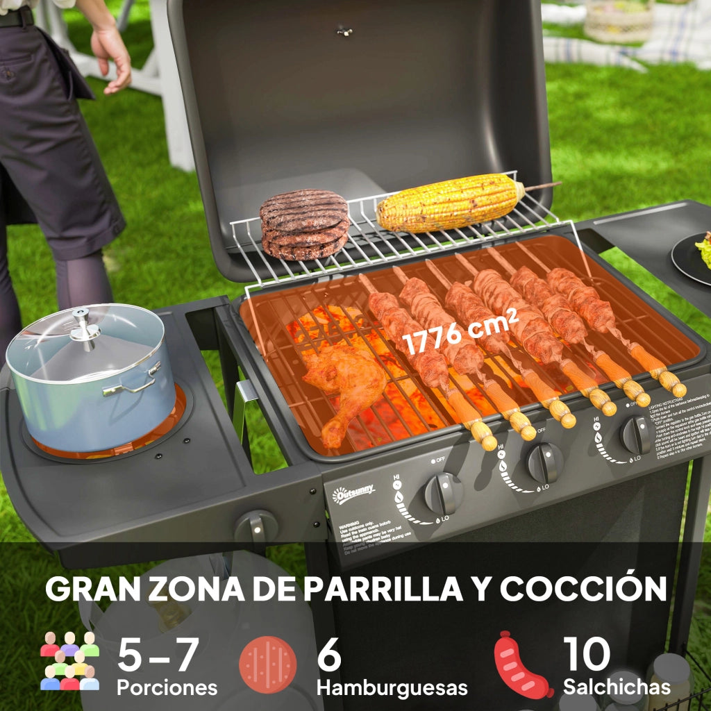 Barbecue a Gas 3 Bruciatori ¨C Xylo ¨C con Termometro e Ruote 108x54x97 cm Nero