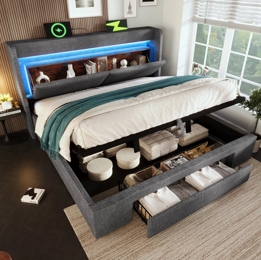 Letto imbottito 140x200 cm con materasso, LED, USB e vano
