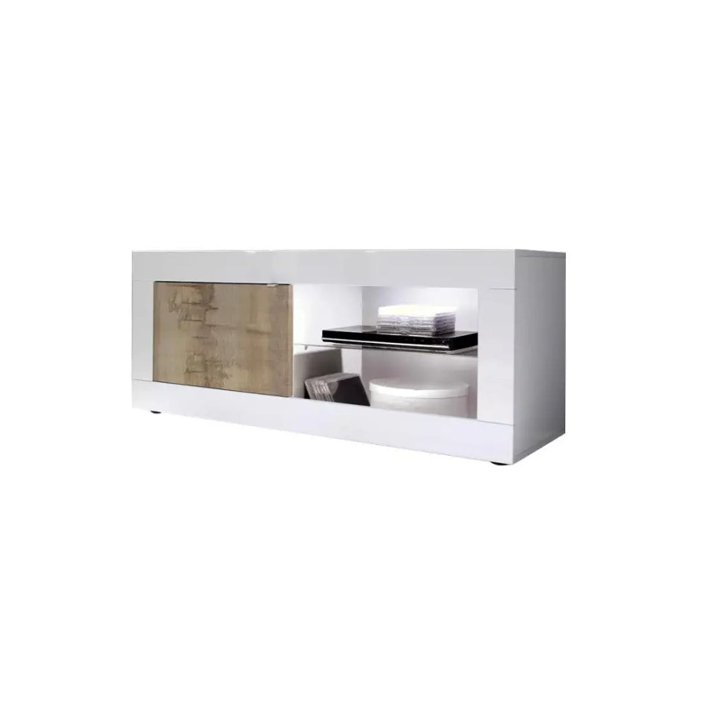 Mobile TV 1 porta, collezione ISORA, colori bianco lucido laccato e rovere chiaro