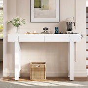 Tavolo console elegante - Zephmum- Bianco- Con cassetti e prese, design a griglia, piedini regolabili