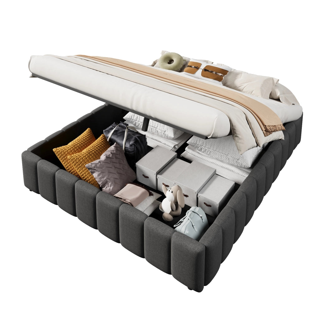 Letto imbottito 140x200 cm in lino grigio con contenitore idraulico