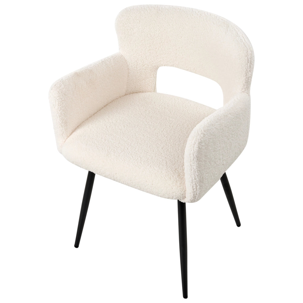 Set di 2 sedie da pranzo bouclè bianco braccioli schienale intagliato gambe in metallo moderna industriale