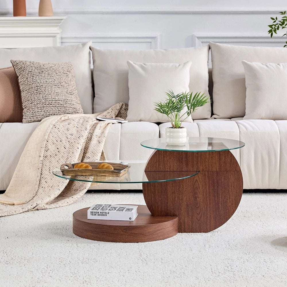 Tavolino da Caff¨¨ Moderno ¨C MINIMAL ¨C MDF, Effetto Noce, Vetro Temperato, 2 Livelli