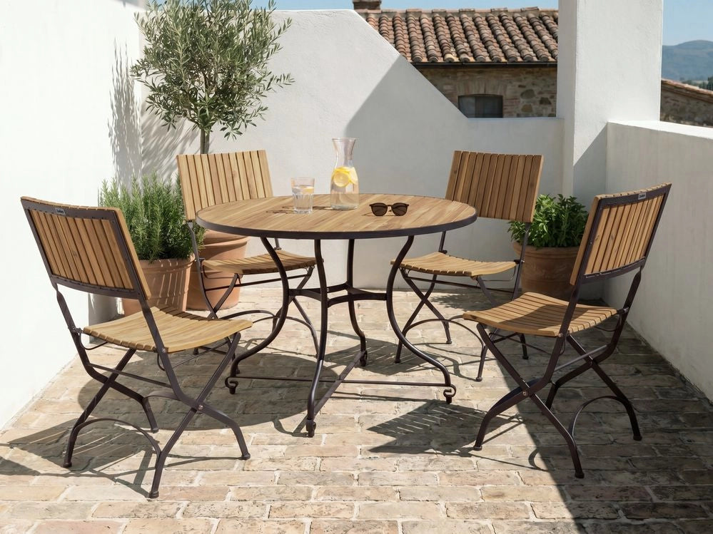 Set da pranzo da giardino per esterni con 4 sedie e tavolo in legno di acacia, struttura pieghevole in acciaio, legno di acacia marrone chiaro