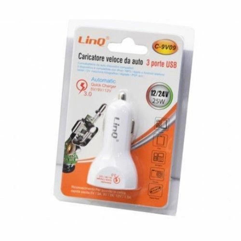 Trade Shop - Caricabatteria Da Auto Caricatore Ricarica Veloce 3 Porte Usb 12/24v 25w C-9v09 -